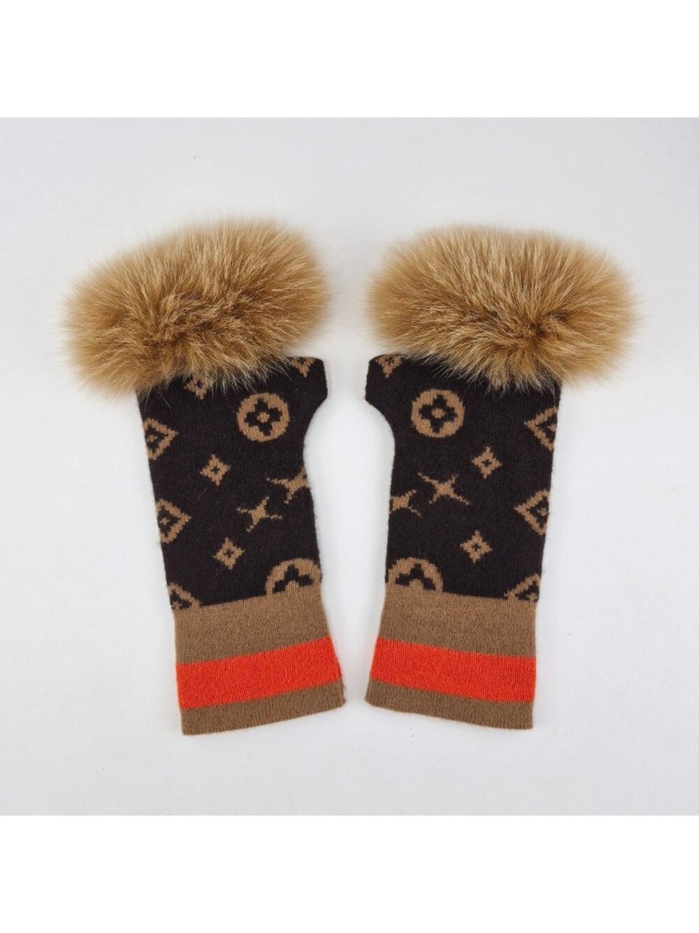 Mitchie's Matchings Monogram Brown Knit Fingerless Gloves Real Fur Trim